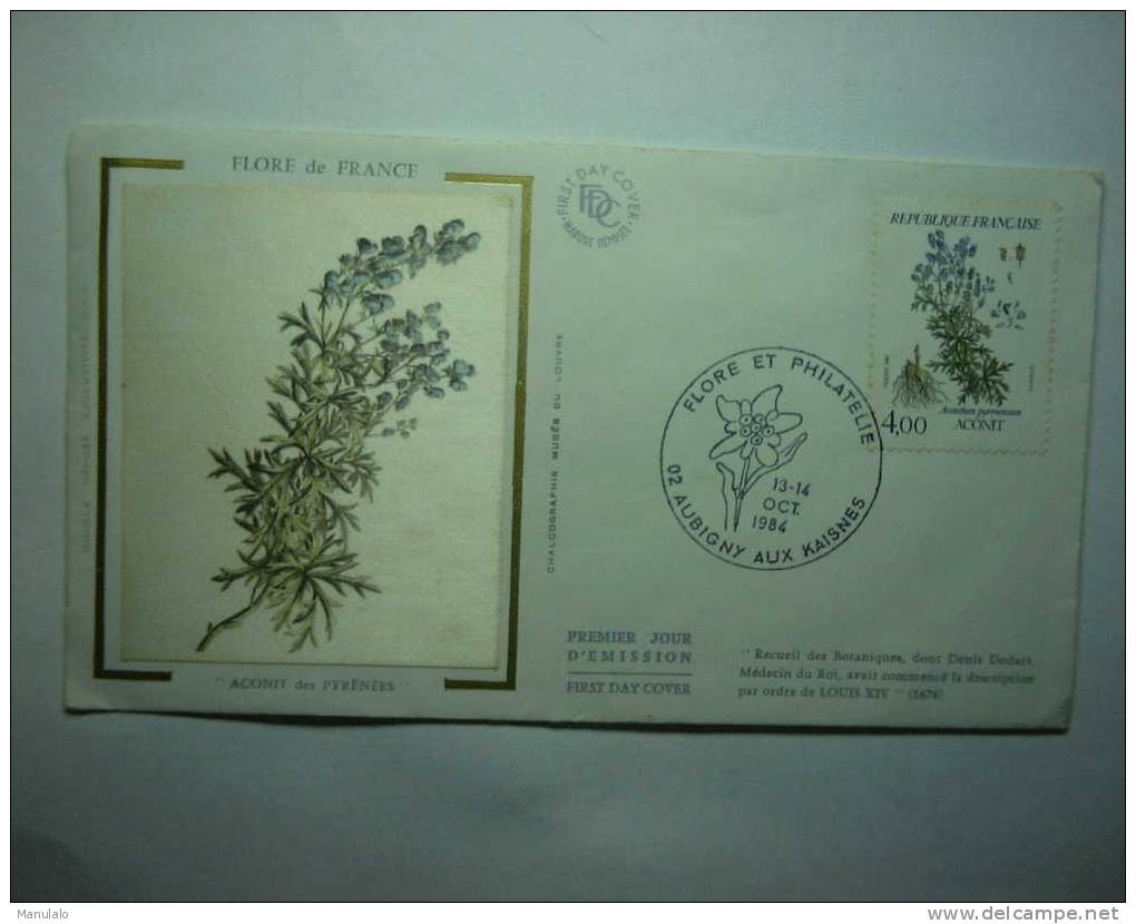 D 02 - Aubigny Aux Kaisne - Enveloppe Premier Jour Le 13 - 14 Oct 1984 - "aconit Des Pyrénées - Flore De France - Non Classés