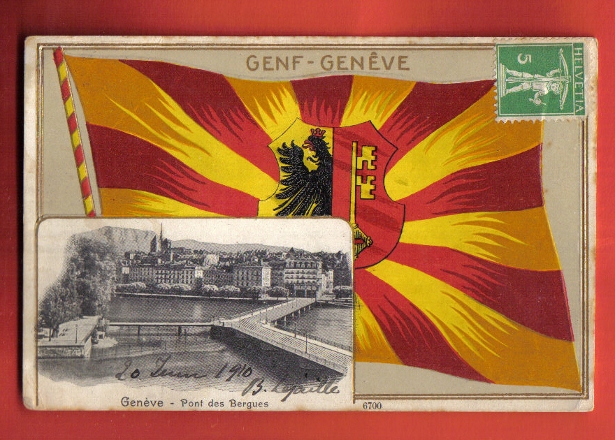 N183 Genf (!) Genève,Drapeau Genevois,médaillon : Pont Bergues,Ile Rousseau.Cachet 1910 Vers Bagnolet.Guggenheim,Relief - Genève