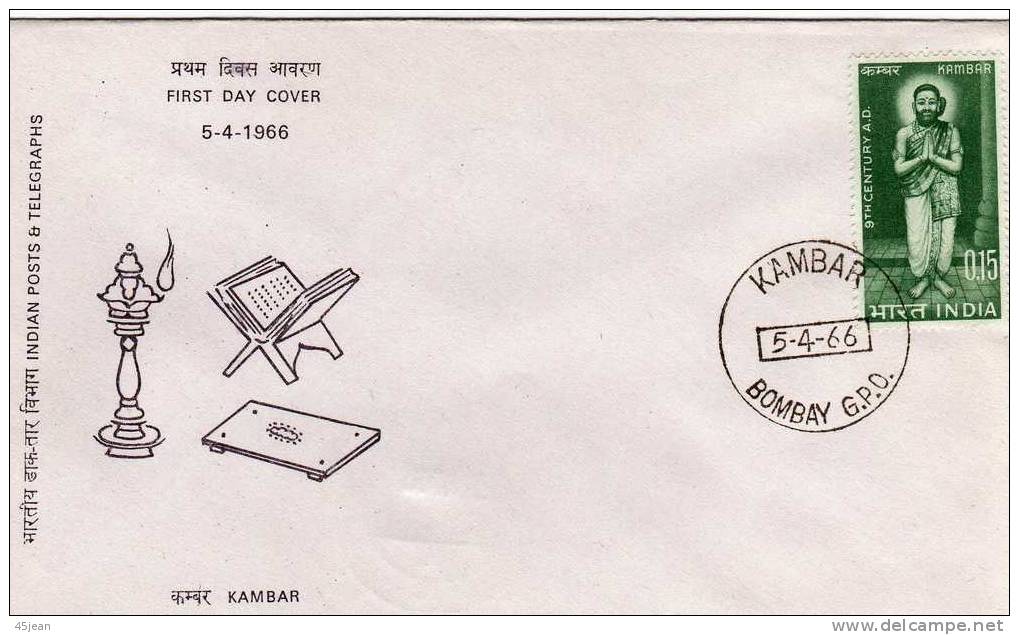 Inde: 1966 Fdc Du N°203, 900 Ans Du Poète Tamil Kambar - Storia Postale