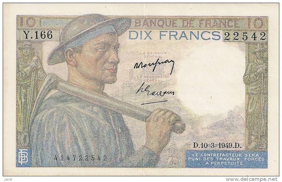 - FRANCE - BILLETS - 10 F - MINEUR - D - 10 - 3 - 1949 - D - N° 22542 - Y .166 - - 10 F 1941-1949 ''Mineur''