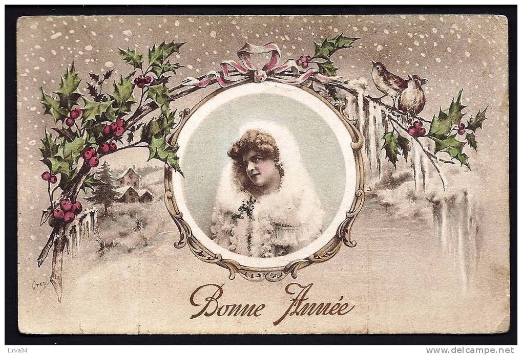 CPA  ANCIENNE- FRANCE- ILLUSTRATION SIGNÉE : ORENS- HUMOUR- BONNE ANNÉE- JEUNE FEMME EN MÉDAILLON- PAYSAGE D'HIVER - Orens