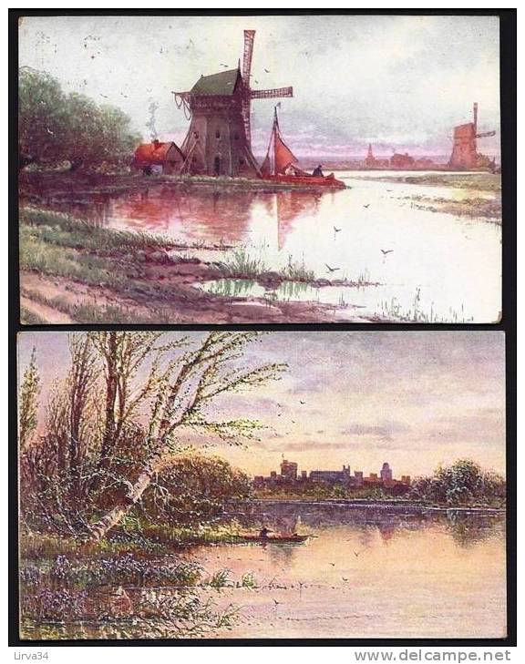 LOT 2 CPA  ANCIENNES- FRANCE- ILLUSTRATION SIGNÉE : BOTTARO- LES MOULINS ET LA BARQUE SUR LE LAC AU COUCHÉ DU SOLEIL- - Bottaro