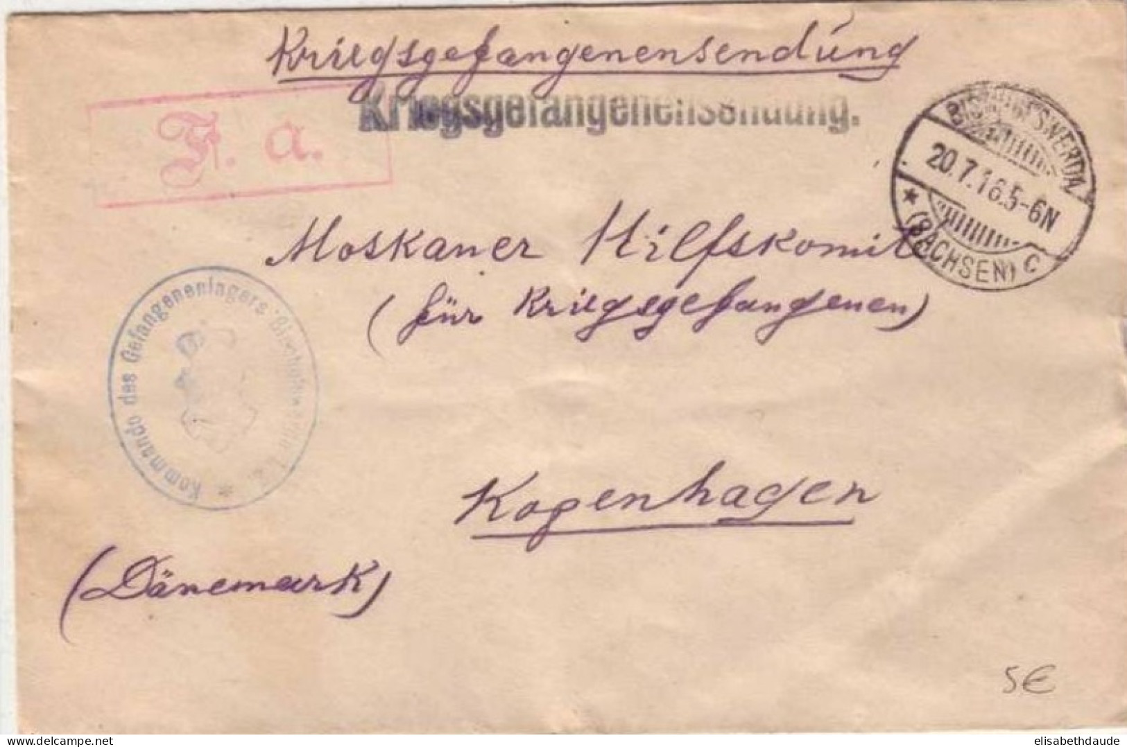 OFFICIER RUSSE PRISONNIER DE GUERRE 14/18 En ALLEMAGNE (BISCHOFSWERDA) Pour Le Comité D'AIDE De COPENHAGUE (DANEMARK) - 1916-19 Occupation Allemande