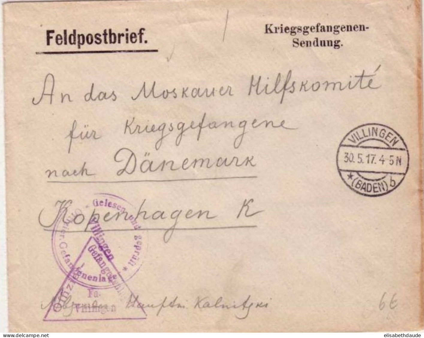 1917 - OFFICIER RUSSE PRISONNIER DE GUERRE 14/18 En ALLEMAGNE (VILLINGEN) Pour Le Comité D'AIDE De COPENHAGUE (DANEMARK) - Lettres & Documents