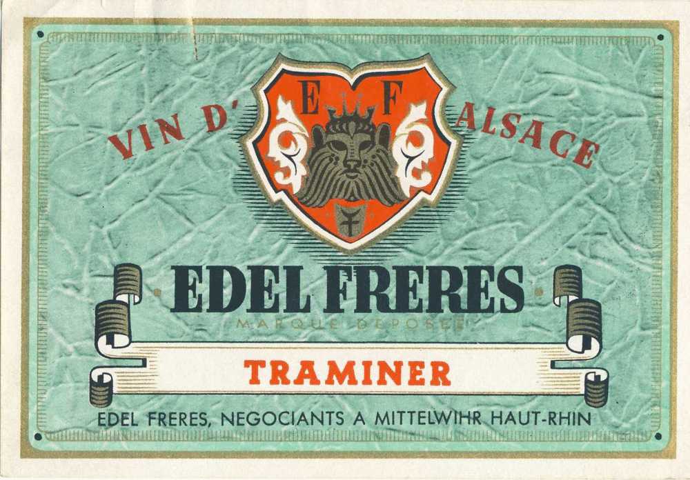 Genuine Label  étiquette Authentique Alsace TRAMINER EDEL MITTELWIHR Haut Rhin . Années 50. - Gewurztraminer