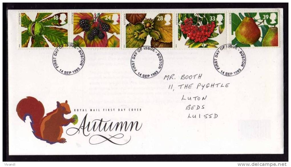 Great Britain - 1993 - The Four Seasons/Autumn Fruits & Leaves - FDC - 1991-2000 Em. Décimales