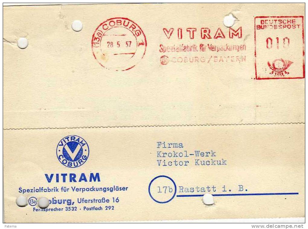 Tarjeta,  Privada, COBURG 1957, (Alemania), - Lettres & Documents