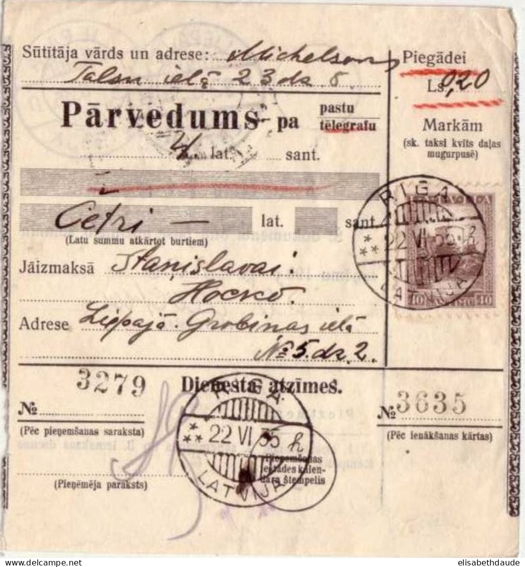 LETTONIE - 1935 -  FORMULAIRE Pour MANDAT De RIGA Pour LIEPAJA - Lettland
