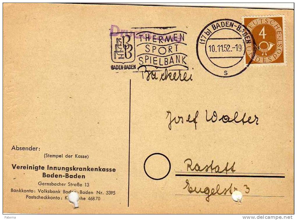 Tarjeta,  Privada, BADEN 1952  (Alemania), - Briefe U. Dokumente