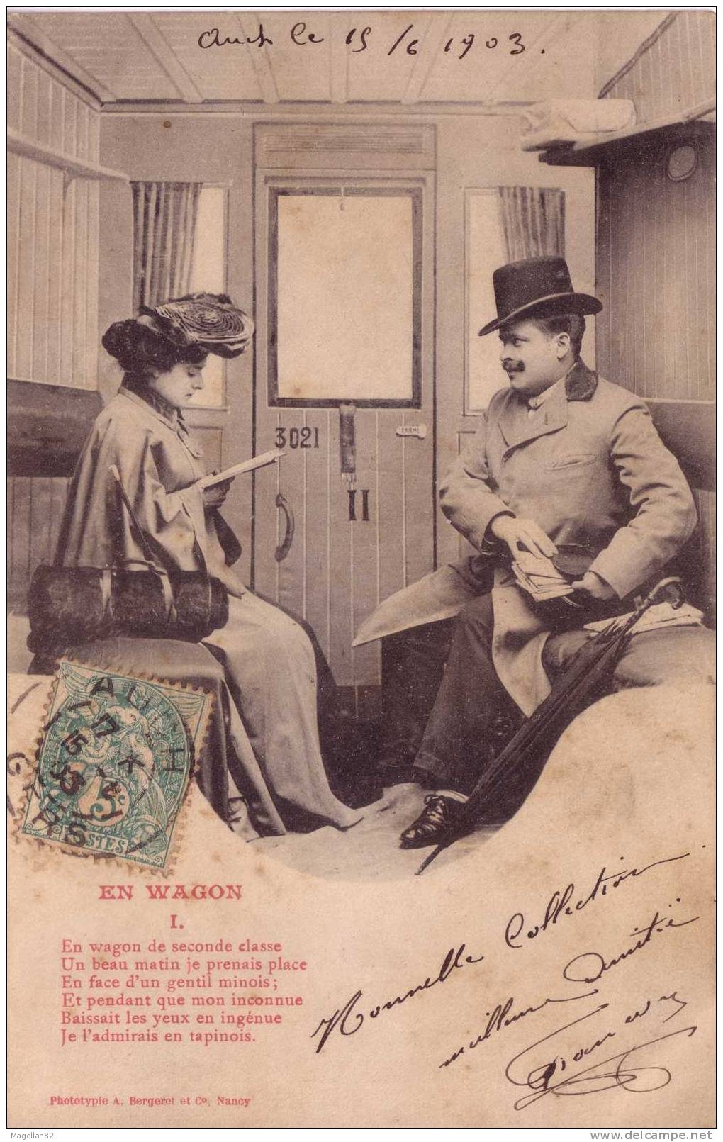 CPA PRECURSEUR. INTÉRIEUR  D'UNE CABINE DE WAGON VOYAGEUR.TRAIN. HOMME FEMME. CHAPEAU HAUT DE FORME . HABITS 1900 - Trains