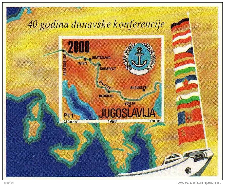 40 Jahre Donau-Konferenz Der Anrainer-Staaten 1988 Jugoslawien Block 33 ** 4€ Donau Landkarte Flagge Sheet Bf Jugoslavia - Hojas Y Bloques