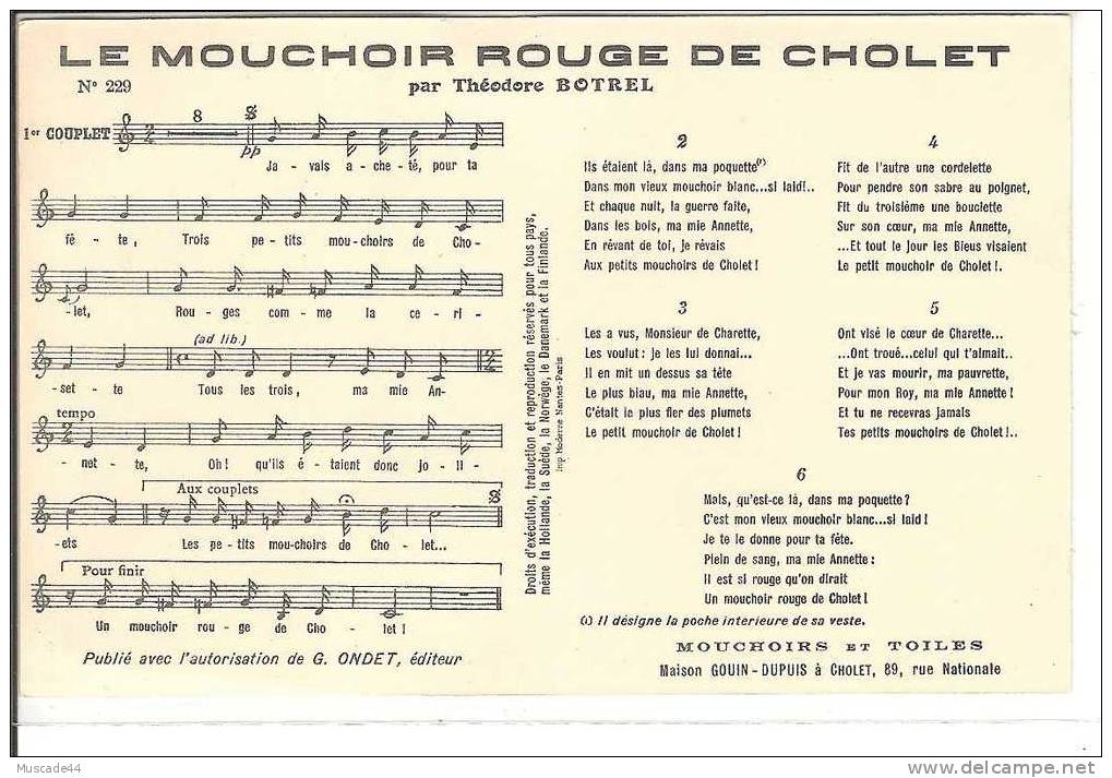 LE MOUCHOIR DE CHOLET DE THEODORE BOTREL MUSIQUE ET PAROLES - Musique Et Musiciens