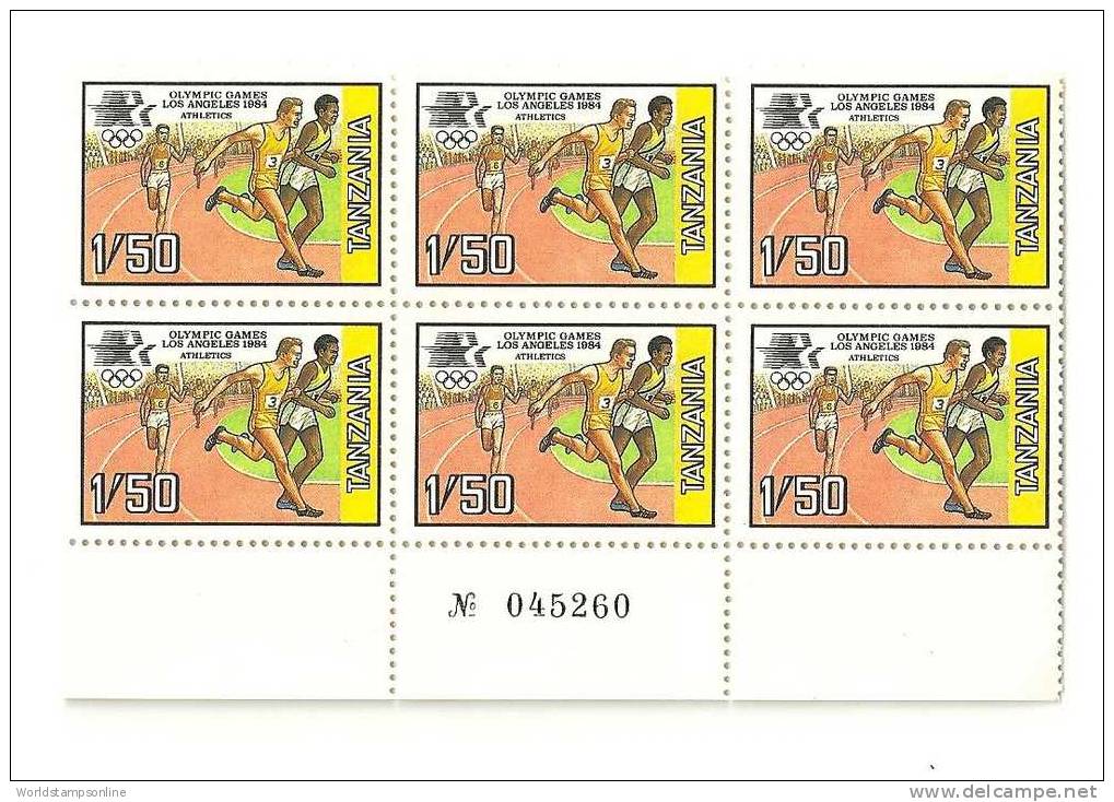 Tanzania, 6 Stamps In Block (numbered Edition), Year 1984, Olympic Games LA, MNH (**) - Ete 1984: Los Angeles