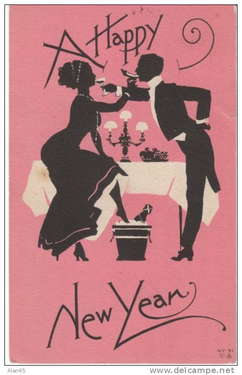 Silhouette Romance Couple Drink Champagne New Year Greeting On C1910 Vintage Postcard - Año Nuevo