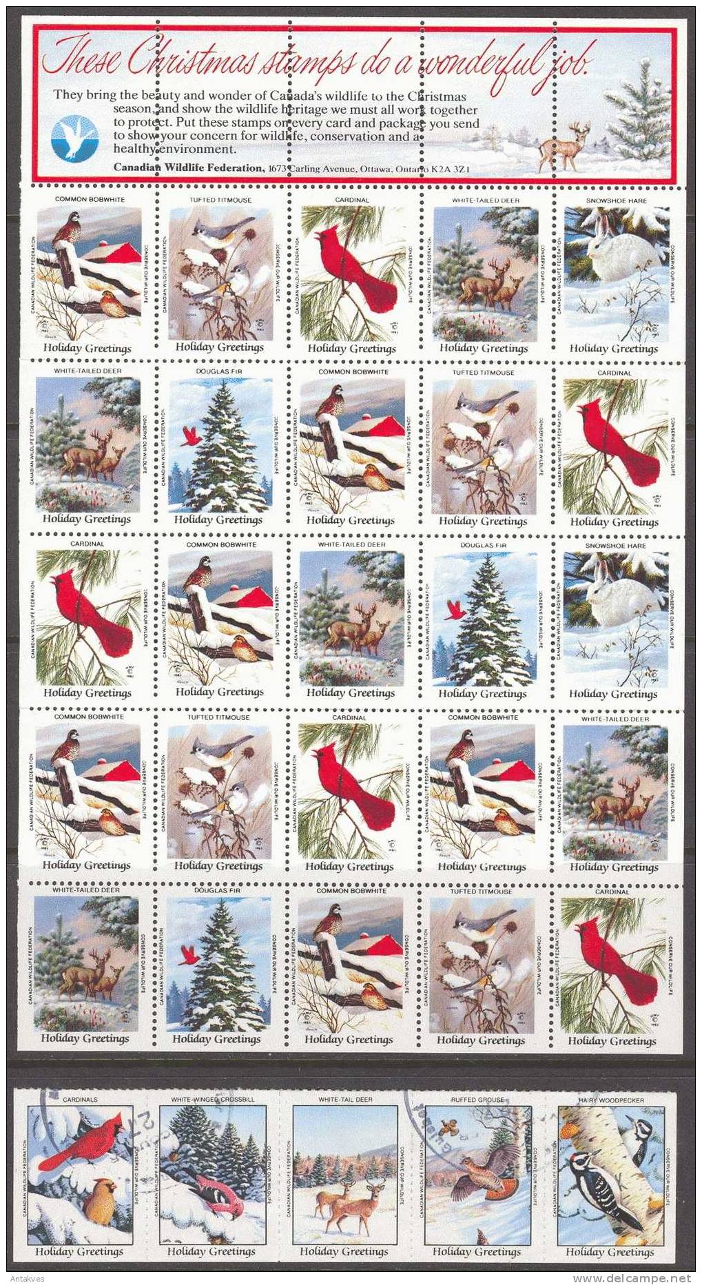 LABEL Canada Christmas CWF Birds Fauna Sheet Of 30 MNH +5 Used - Fantasie Vignetten