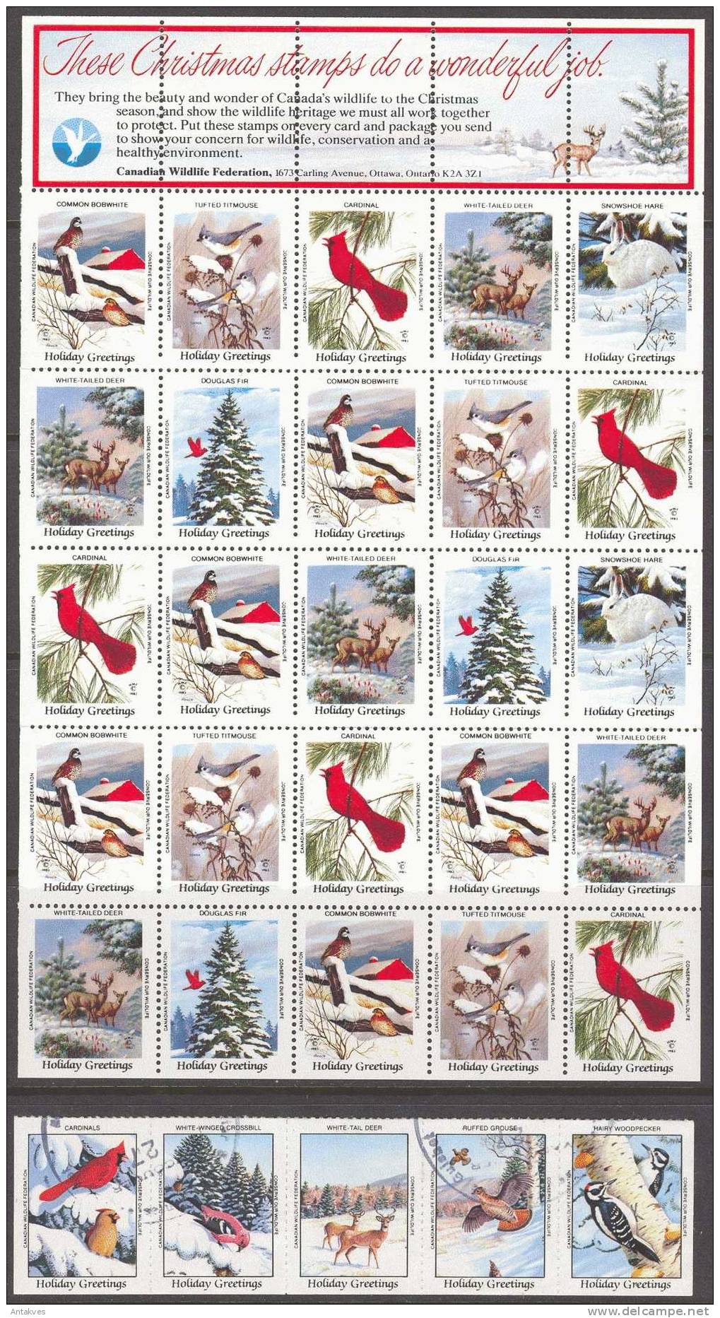 LABEL Canada Christmas CWF Birds Fauna Sheet Of 30 MNH +5 Used - Fantasy Labels