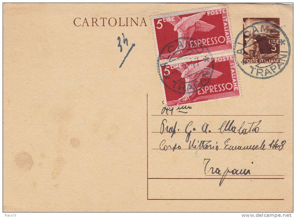 ALCAMO  /  TRAPANI  -  Cartolina Postale "Democratica" Da Lire 3 + 5 X 2  Espresso  -  06.03.1947 - 1946-60: Storia Postale