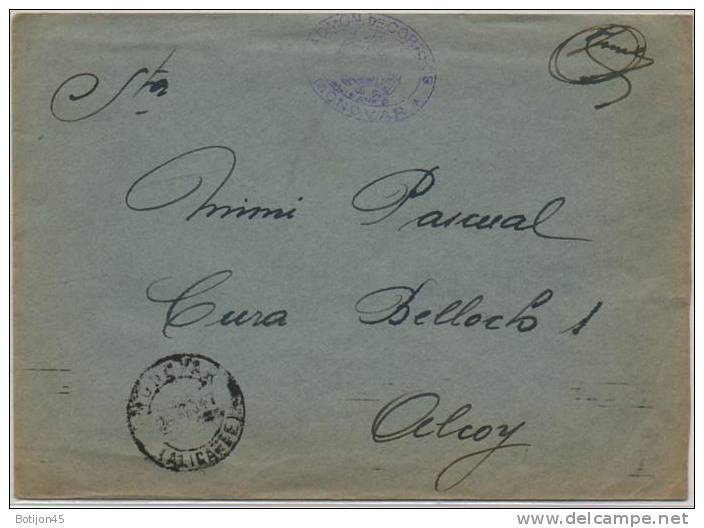 1947 - Carta De Monovar A Alcoy - Alicante Con Franquicia Postal En Azul Y Fechador. Llegada Al Dorso. - Franquicia Postal