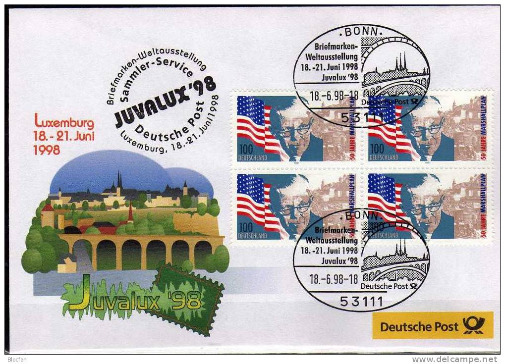 JUVALUX´1998 Luxemburg BRD 1926 VB SST 7€ Offizieller Messebrief Marshall-Plan/USA-Flagge MBrf. 4/98 Sheet Cover Germany - Covers & Documents