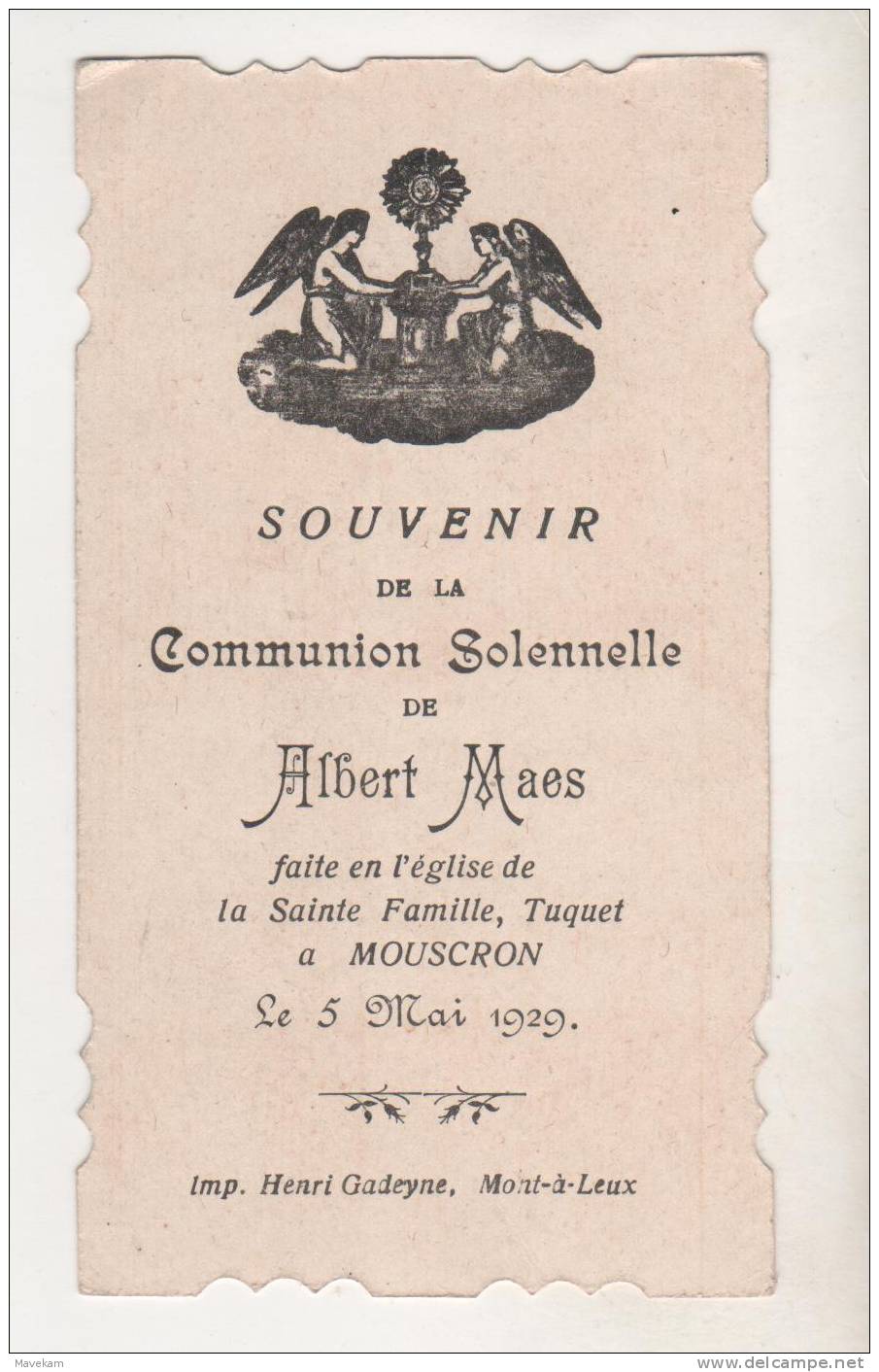 Image Pieuse " Souvenir De Communion Solennelle A Mouscron 1929 " - Images Religieuses