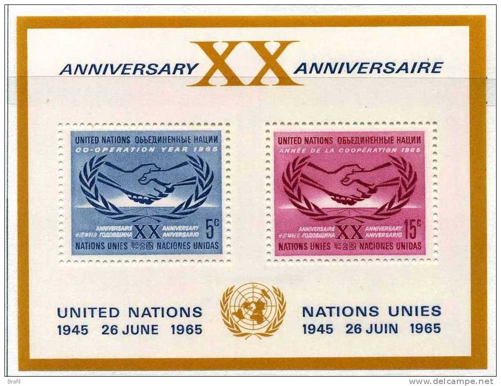 1965 Nazioni Unite New York Foglietto Nuovo (**) Cooperazione E 20° Ann. N.U. - Blocs-feuillets