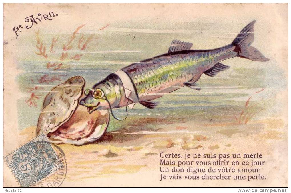 CPA. POISSON D'AVRIL. RENCONTRE AVEC UNE HUITRE PERLIERE. MONOCLE. LUNETTE - 1er Avril - Poisson D'avril