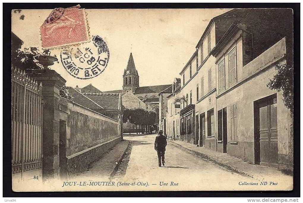 CPA  ANCIENNE- FRANCE- JOUY-LE-MOUTIER (95)- UNE RUE AVEC ANIMATION- COMMERCE- L'EGLISE - Jouy Le Moutier