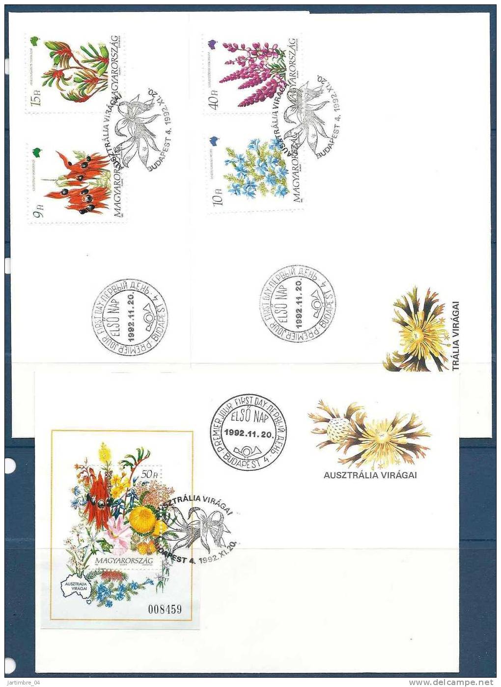 1992 HONGRIE 3393-96+ BF 223  FDC Premier Jour Flore D´Australie - FDC