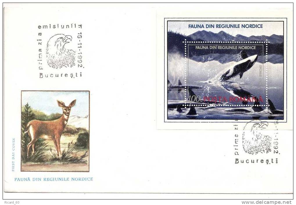 Enveloppe Fdc De Roumanie, Faune Des Régions Nordiques, Orque, épaulard, Bloc, 1992, Aigle - FDC