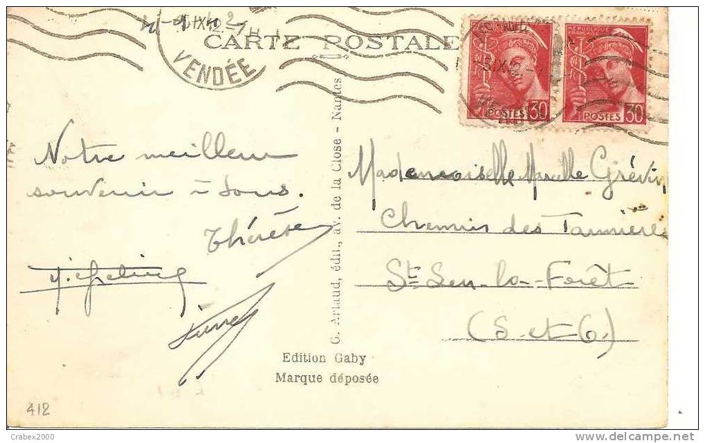 N° Y&t   412   CP   LES SABLES  D'OLONNE    Vers   ST LEU LA FORET Le 05 SEPTEMBRE 1942 - Cartas & Documentos