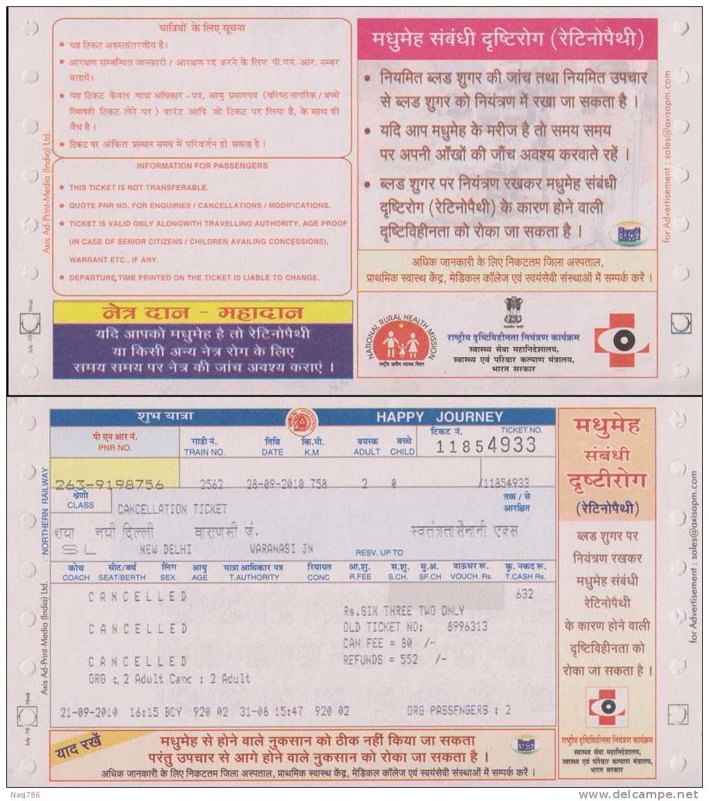 Railway Cancelled Ticket, Eye Donation, , Control Of Blindness, Blind, Disabled, Eyes, Health, India - Tickets D'entrée