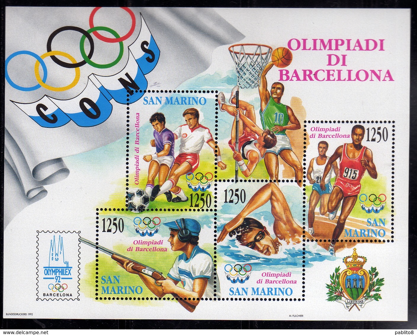 REPUBBLICA DI SAN MARINO 1992 OLIMPIADI BARCELLONA OLYMPIC GAMES BARCELONA BLOCCO FOGLIETTO BLOCK SHEET MNH - Hojas Bloque