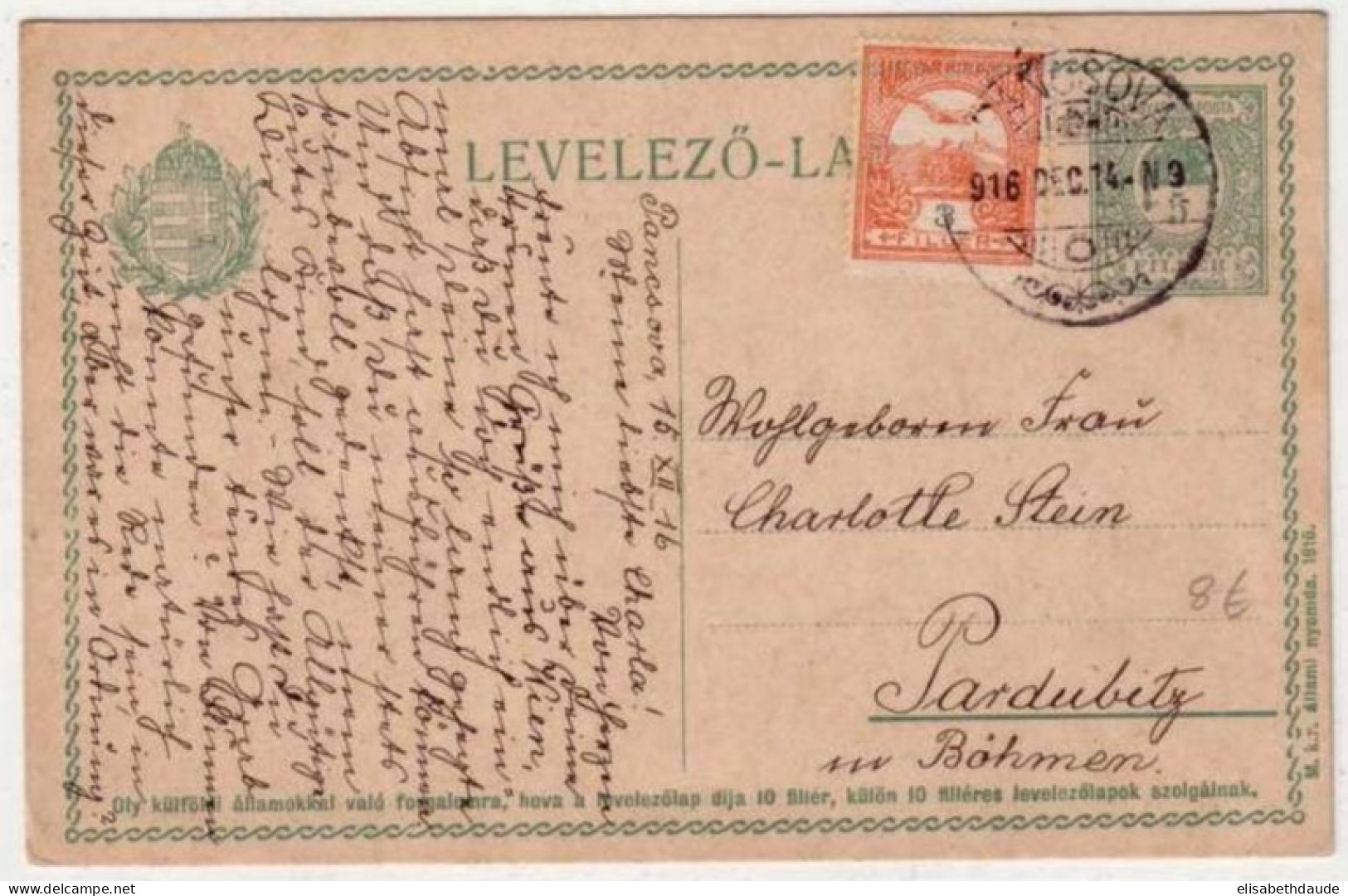 HONGRIE - CARTE ENTIER POSTAL De PANSOVA Pour PARDUBITZ (BOHEME) - 1916 - Enteros Postales