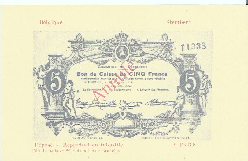 STEMBERT - BON DE CAISSE DE CINQ FRANCS - Münzen (Abb.)