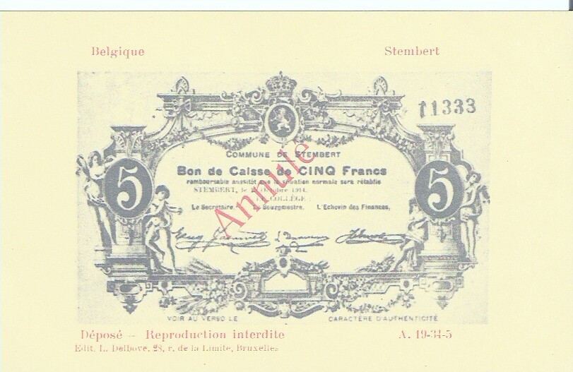 STEMBERT - BON DE CAISSE DE CINQ FRANCS - Monnaies (représentations)