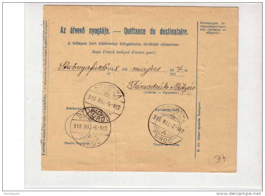 HONGRIE - BULLETIN D'EXPEDITION De SAJO GÖMÖR Pour STUBNYA - 1918 - - Entiers Postaux