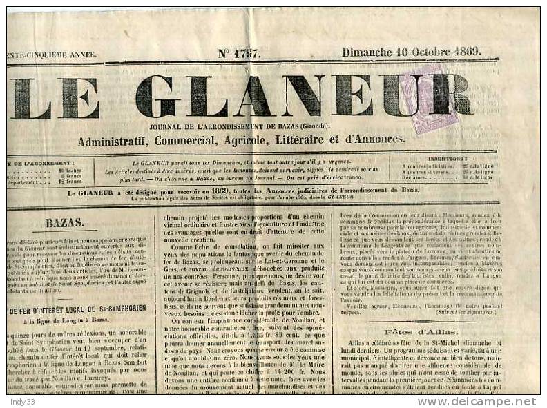 - 2 C. 1869 ANNULE TYPOGRAPHIQUEMENT SUR JOURNAL . ASSEZ BON ETAT (petits Trous) - Zeitungsmarken (Streifbänder)