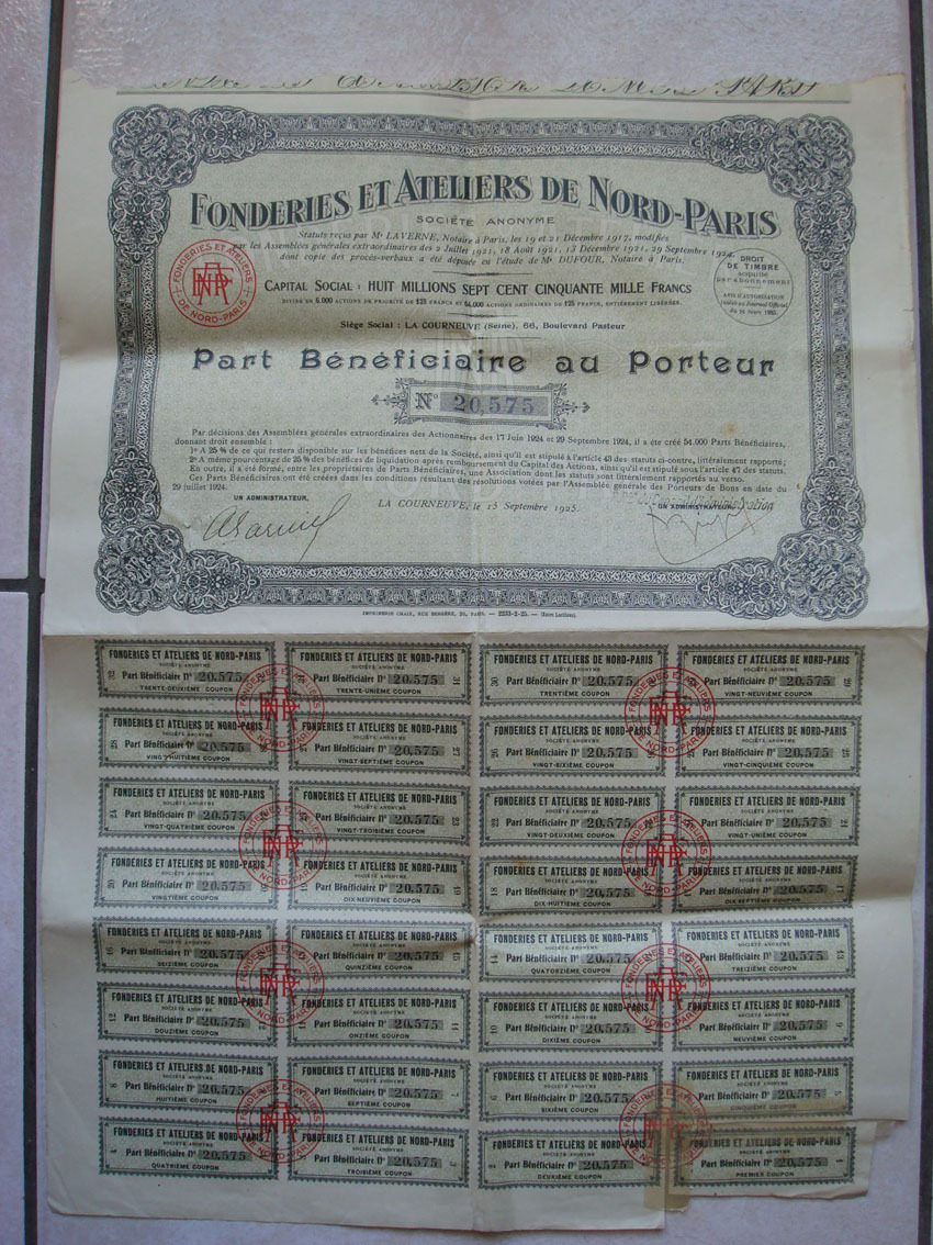 FONDERIES ET ATELIERS DE NORD-PARIS (1925), Part Bénéficiaire Au Porteur, 32 Coupons, La Courneuve (Siége Social) - Industry