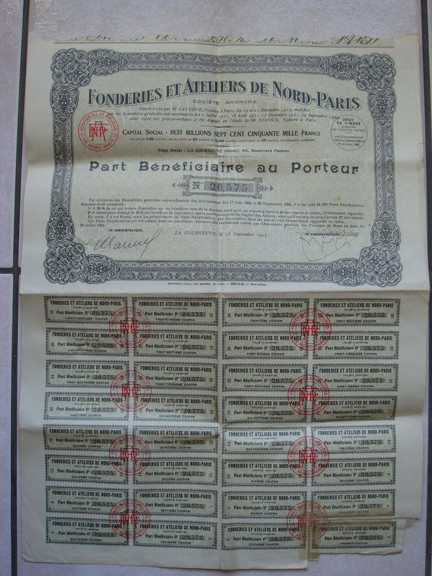 FONDERIES ET ATELIERS DE NORD-PARIS (1925), Part Bénéficiaire Au Porteur, 32 Coupons, La Courneuve (Siége Social) - Industrial