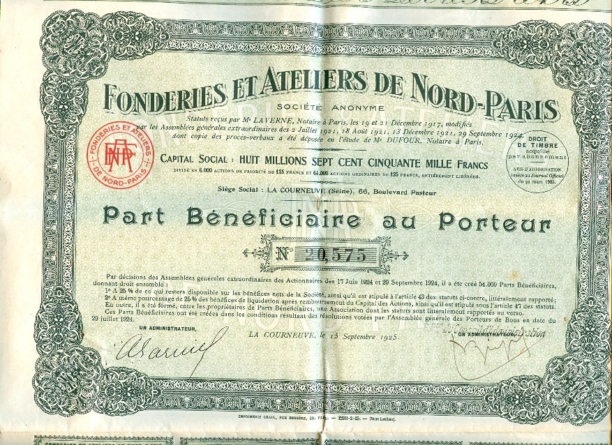 FONDERIES ET ATELIERS DE NORD-PARIS (1925), Part Bénéficiaire Au Porteur, 32 Coupons, La Courneuve (Siége Social) - Industry