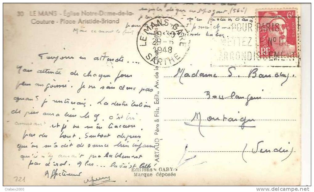 N° Y&t   721     CP       LE MANS Vers ECHIRE    Le  29 JUIN 1948 - Storia Postale