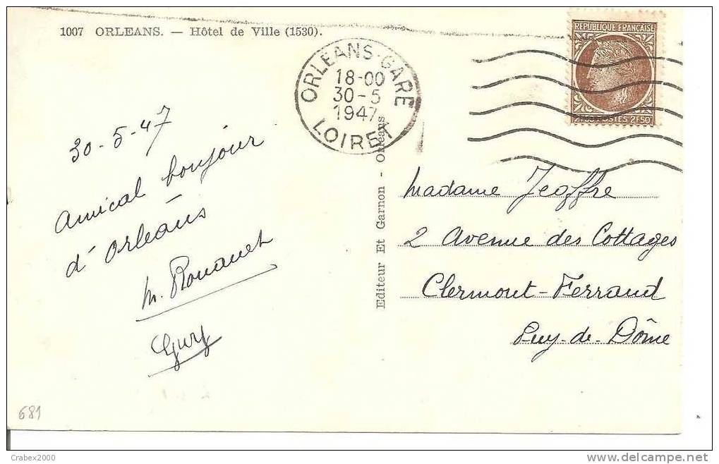 N° Y&t   681     CP       ORLEANS Vers CLERMONT FERRAND    Le  30 MAI 1947 - Covers & Documents