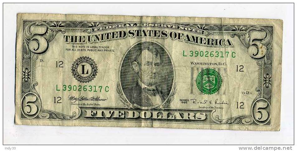 - ETATS-UNIS . 5 $  1995 . BILLET USAGE . PLIS - Billets De La Federal Reserve (1928-...)