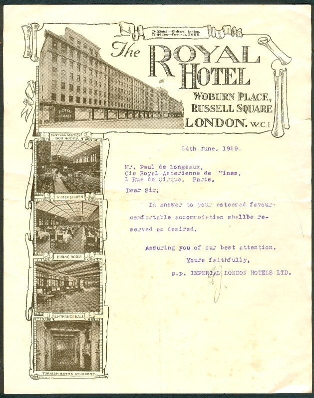 THE ROYAL HOTEL, Woburn Place, Russell Square, London (1929) Pour Réservation De M. De Longeaux... - Regno Unito