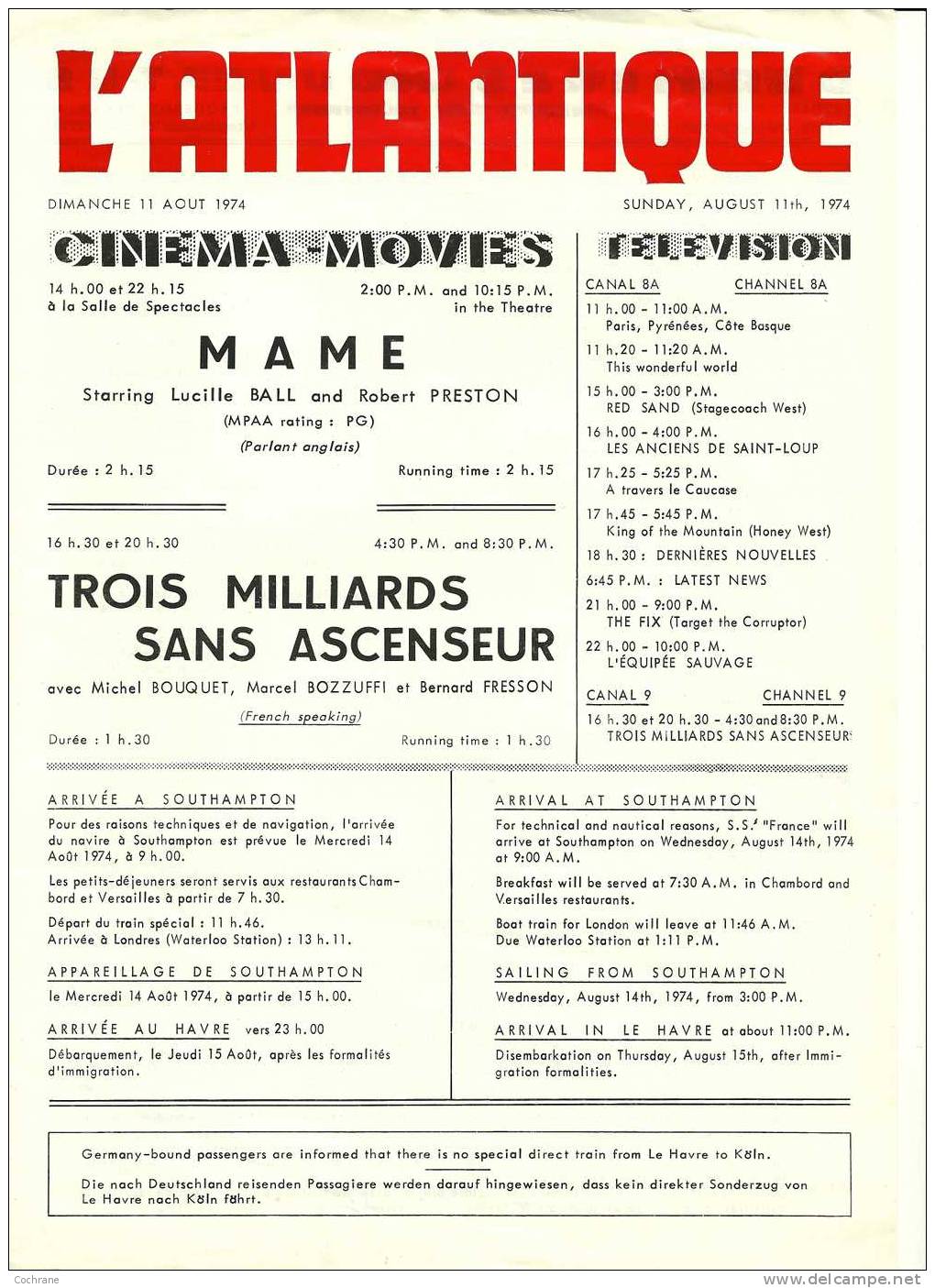 Journal De Bord Du Paquebot France Du Dimanche 11.08.1974- Un Des Ultimes Voyages Du France - Autres & Non Classés