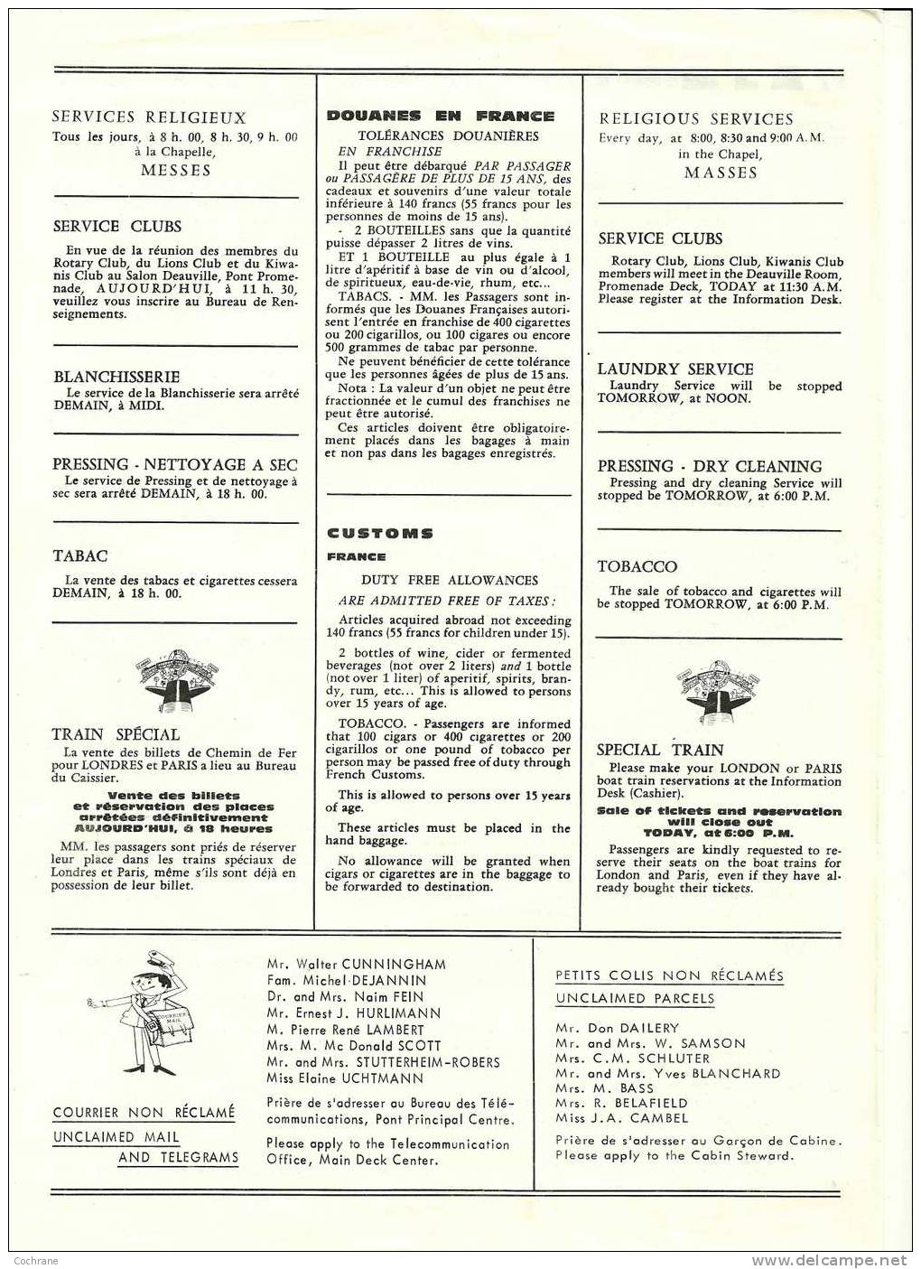Journal De Bord Du Paquebot France Du Dimanche 11.08.1974- Un Des Ultimes Voyages Du France - Autres & Non Classés