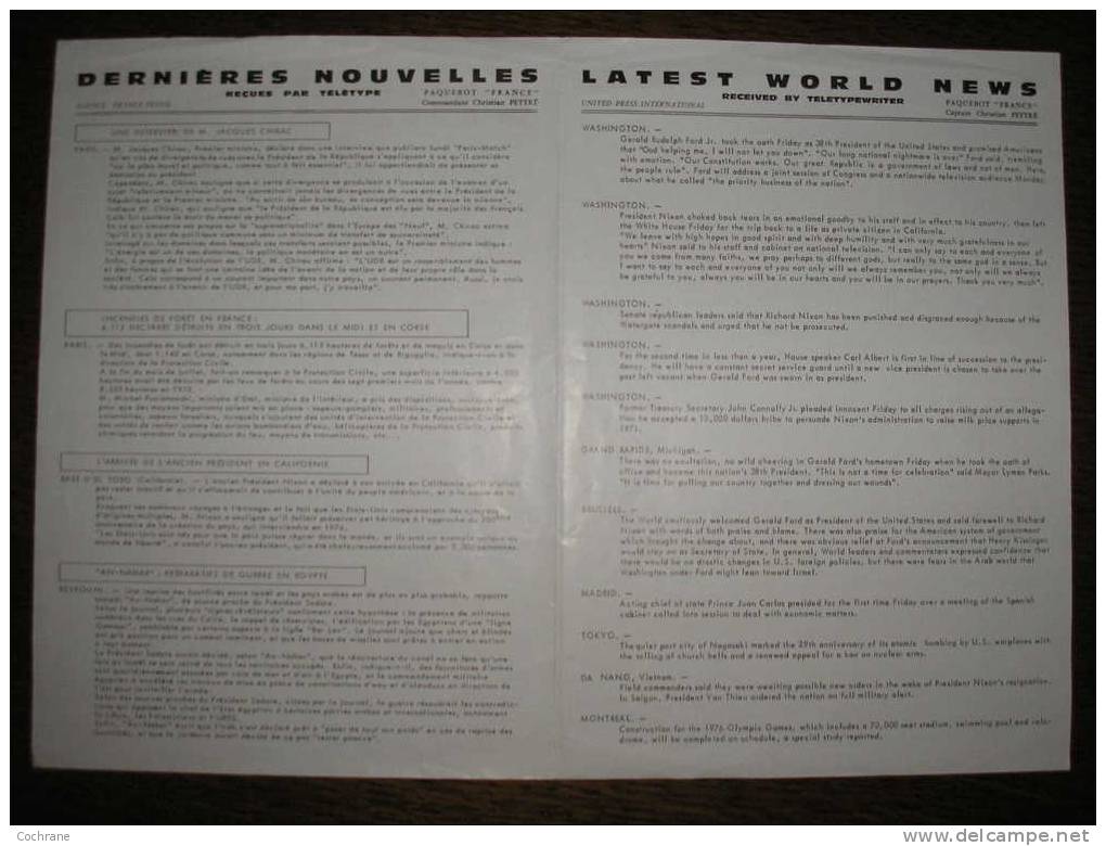 Journal De Bord Du Paquebot France Du Dimanche 11.08.1974- Un Des Ultimes Voyages Du France - Sonstige & Ohne Zuordnung