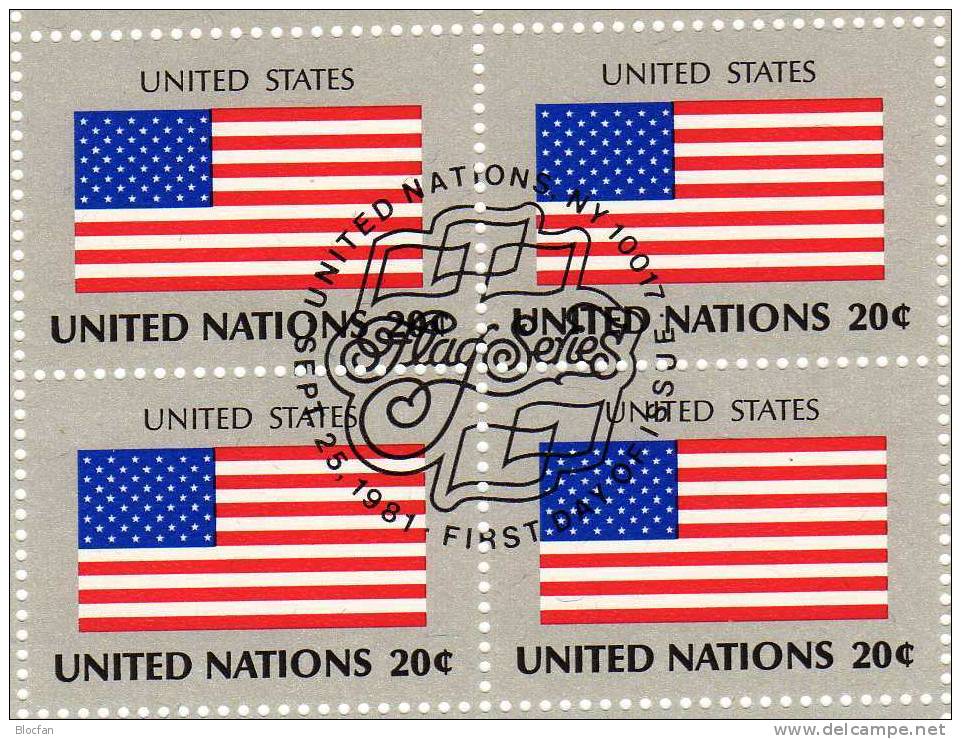 UNO 1981 Flaggen II UNITED STATES New York 385, 4-Block+ Kleinbogen O 6€ USA, Singapur, Panama, Costa Rica - Storia Postale