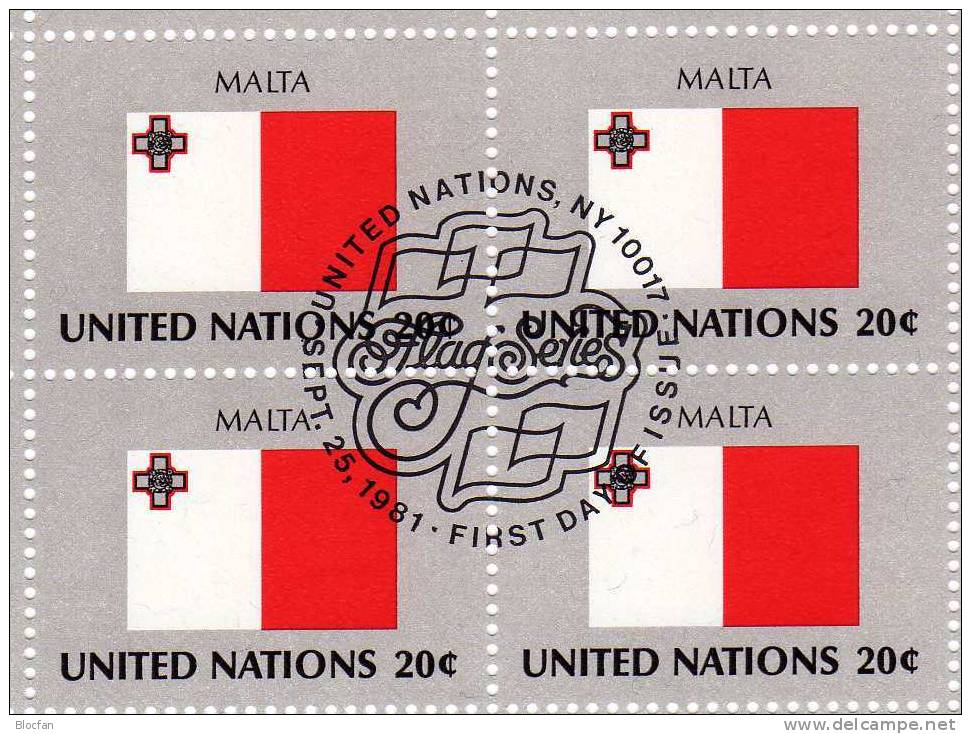 UNO 1981 Flaggen II MALTA New York 377, 4-Block+ Kleinbogen O 6€ Malta, CSSR, Thailand, Trinidad / Tobago - Malta