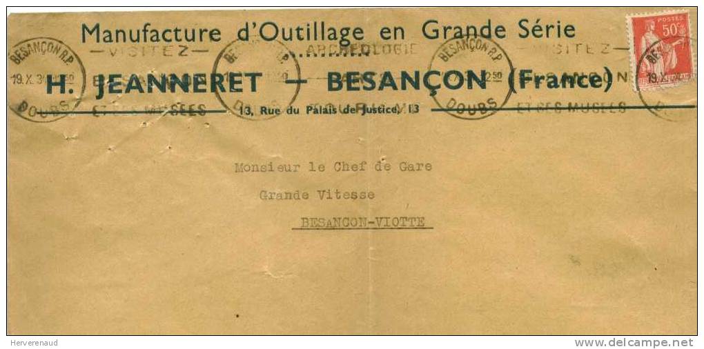 Paix N°283 Sur Lettre Des Ets Jeanneret à Besançon ,  Pour Chalon-sur-Saône - 1932-39 Vrede